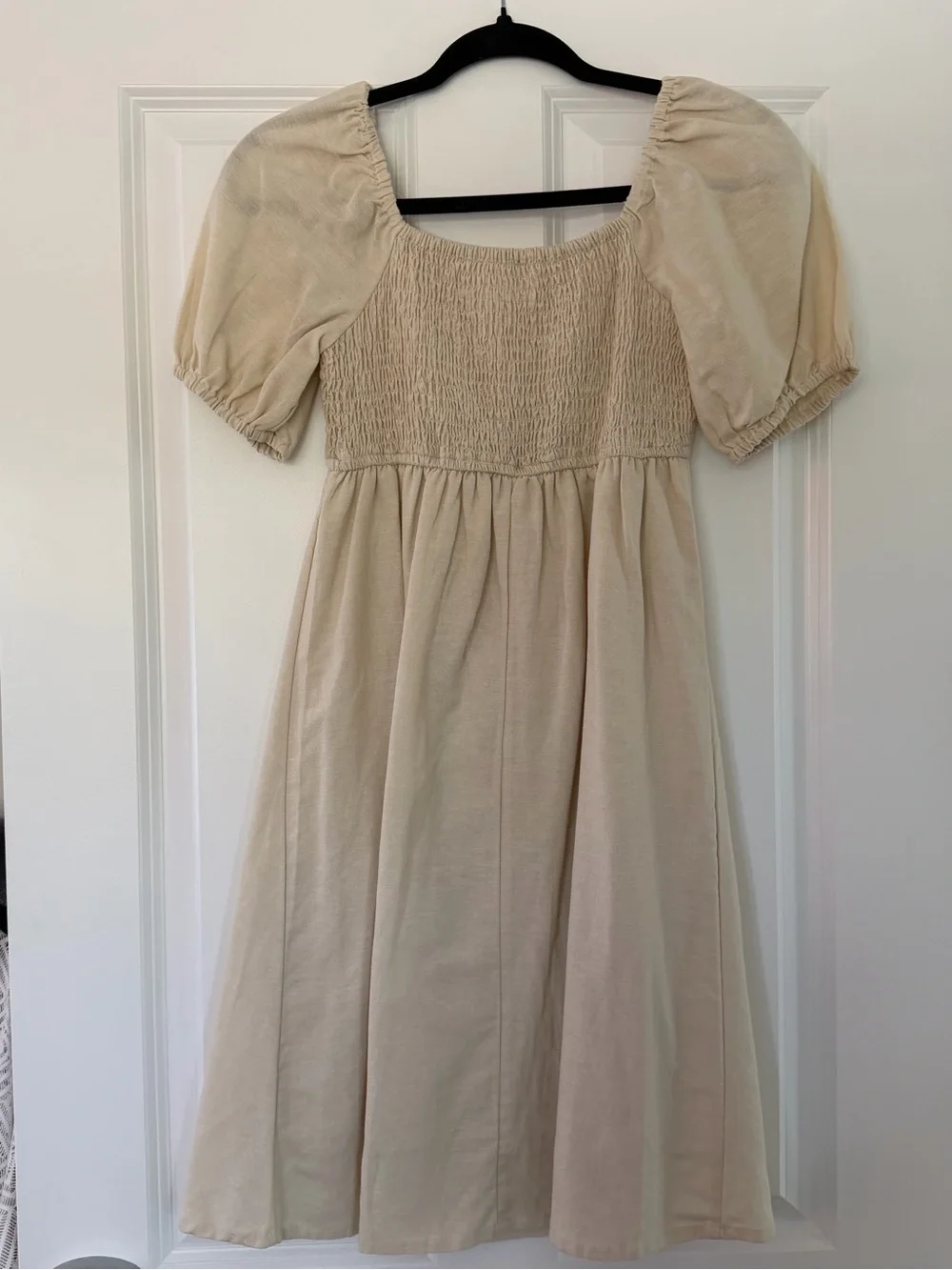 Women's Linen Blend Cream Peasant Midi Dress with Puff Sleeves